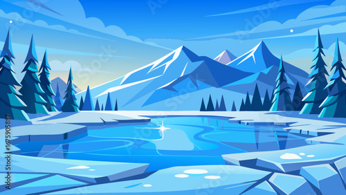 Vector art of a tranquil winter scene with snowcovered mountains, a frozen lake, and evergreen trees under a bright blue sky, creating a peaceful and idyllic landscape