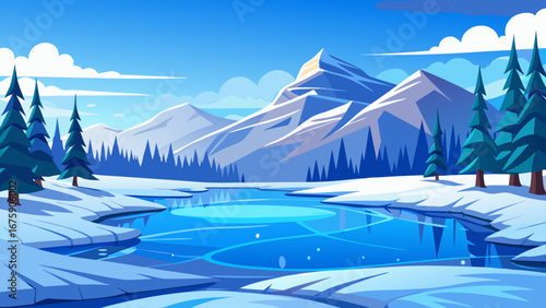 Vector art of a serene winter landscape with snowcapped mountains, a frozen lake, and evergreen trees under a clear blue sky, creating a peaceful scene