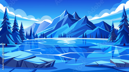 Vector art of a captivating winter landscape with icy mountains, a frozen lake with cracks, and evergreen trees under a blue sky, creating a cold, serene scene