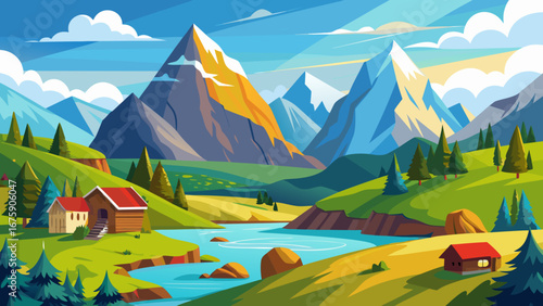Vector art of scenic mountain landscape with a river, houses, and trees in a tranquil valley on a sunny day, perfect for tourism and outdoor adventures
