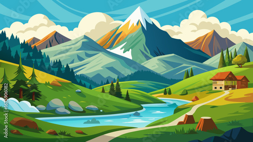 Vector art of scenic mountain landscape with a river flowing through a green valley, a house nestled among the trees, and snowcapped peaks in the background