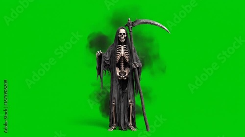 Grim Reaper: Death's Specter in Black Robes on Green Screen