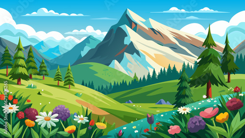 Vector art of cartoon landscape with mountains, flowers and trees on a sunny day, showcasing a beautiful and idyllic nature scene