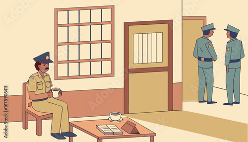 inside view of a Village type Police station where police inspector sitting on the chair with a cup of tea in a police uniform around with police constables behind them a  small type cell 