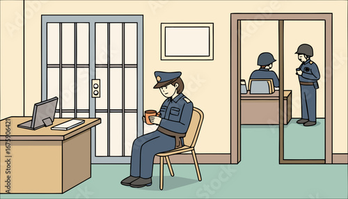 inside view of a Village type Police station where police inspector sitting on the chair with a cup of tea in a police uniform around with police constables behind them a  small type cell 