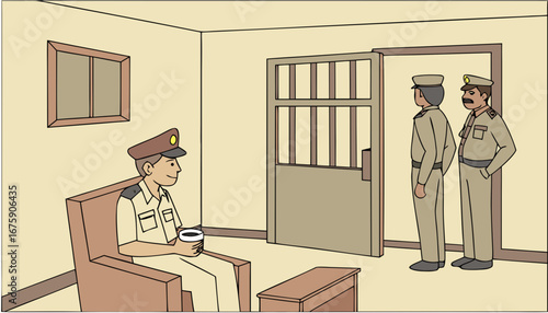 inside view of a Village type Police station where police inspector sitting on the chair with a cup of tea in a police uniform around with police constables behind them a  small type cell 