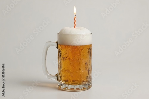 Lit candle on beer mug, studio shot, celebration