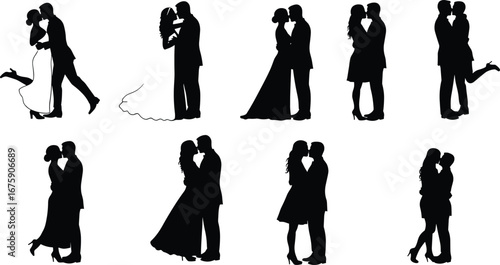 Romantic Couple Silhouettes, Love, Wedding Dance, Embrace, Passionate Kiss, Elegant Wedding, Intimate Moments, Elegant Silhouettes, Bride and Groom, Wedding Day, Silhouette Art