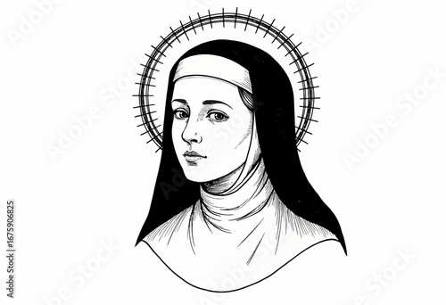 A beautiful and reverent black and white portrait of a saintly nun with a detailed halo, evoking a sense of grace, faith, and timeless spiritual devotion.
