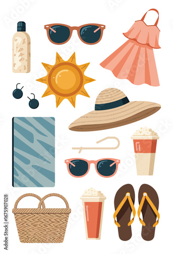 A chic collection of essential summer beach accessories for a perfect sunny vacation, including a stylish straw hat, sunglasses, and a refreshing iced coffee.
