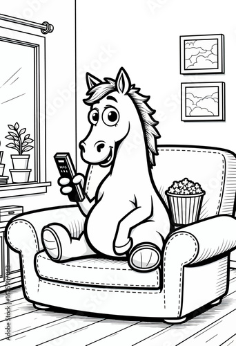 A humorous black and white coloring page for kids, featuring a cartoon horse sitting on an armchair, absorbed in its smartphone while enjoying a drink.
