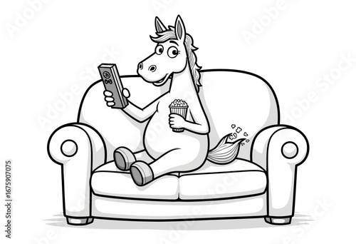 A humorous black and white coloring page for kids, featuring a cartoon horse sitting on an armchair, absorbed in its smartphone while enjoying a drink.
