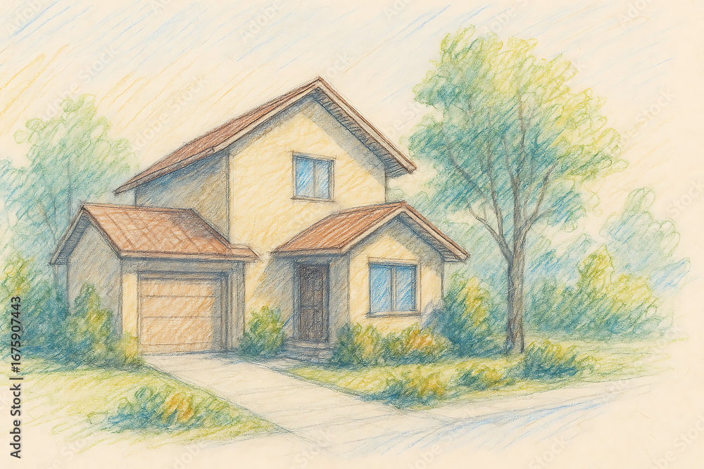 Obraz premium 明るい雰囲気の戸建住宅カラーパース図