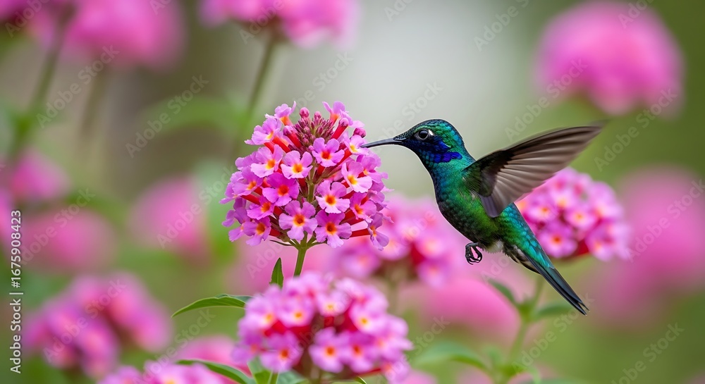 Fototapeta premium Hummingbird and Pink Flowers in Garden.