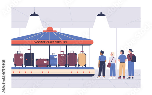 Waiting for Luggage: Passengers at Baggage Claim Carousel Observing Suitcases, Conveyor Belt, and Airport Interior, Depicting Travel, Transportation, and Anticipation of Arrivals