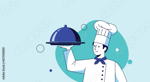 A talented chef presents a delicious meal under a silver cloche with a charming smile and a culinary cap
