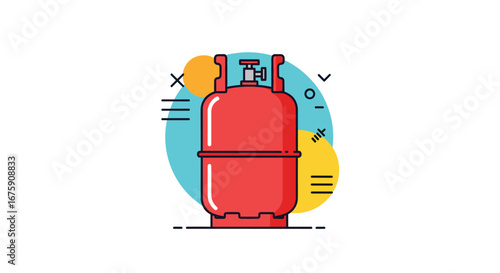 Red propane gas cylinder with abstract shapes and lines energy fuel container for cooking and heating systems