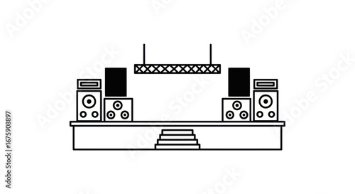 Concert Stage Outline with Speakers and Lighting Rig, Minimalist Design.