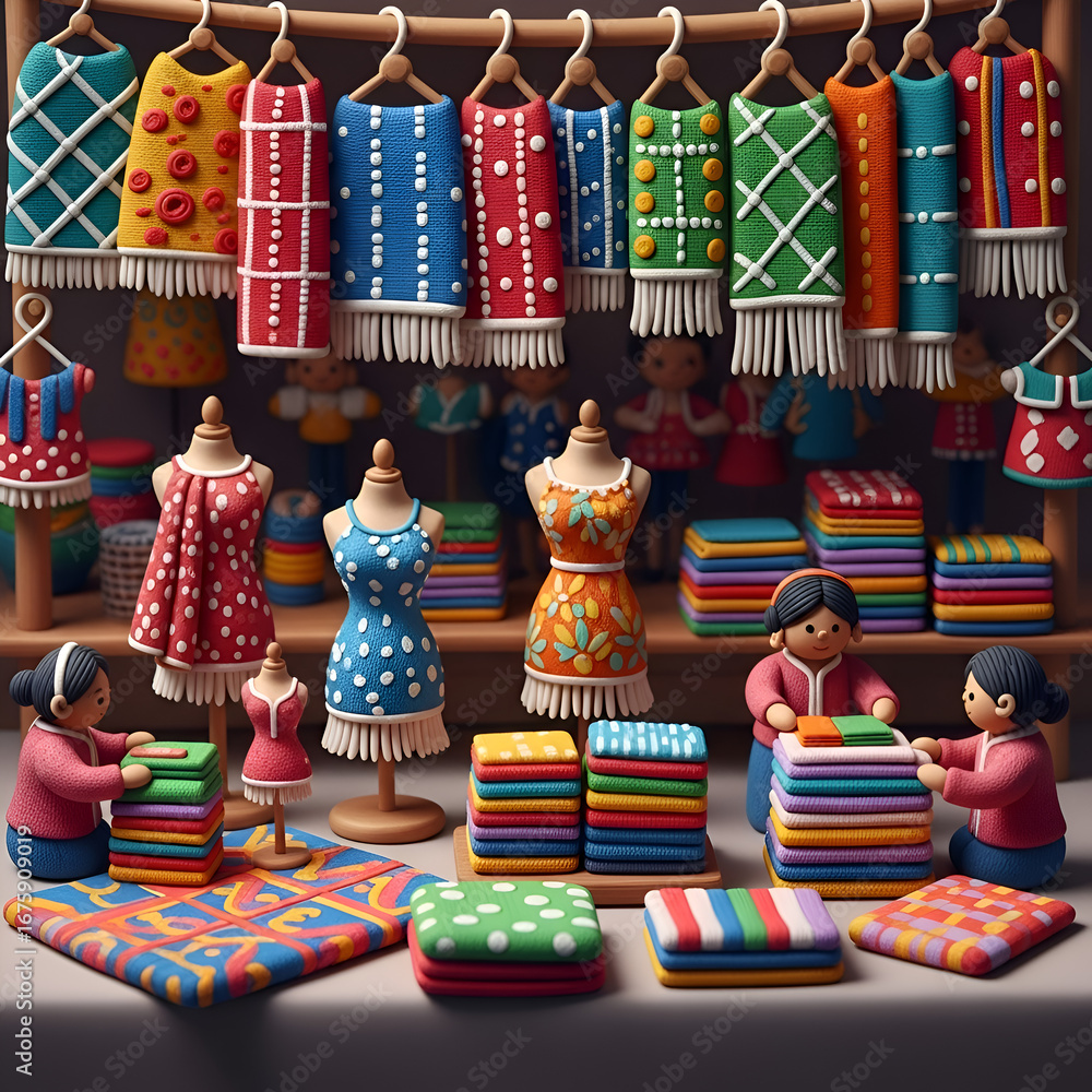 Naklejka premium Clay textile market with patterned cloths, hanging fabrics, clay mannequins, and tiny sellers arranging colorful textiles.
