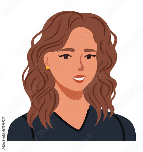 Woman portrait with wavy medium length hair. Female avatar vector illustration.  
