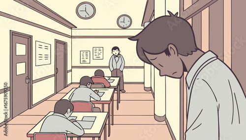 inside view of a Exam hall where teacher catch the students with cheating  examine the whole students  