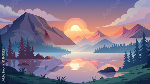 A serene mountain lake at sunset with reflections and colorful sky