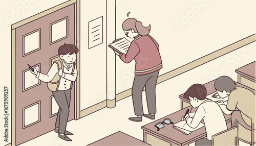 inside view of a Exam hall where teacher catch the students with cheating  examine the whole students  