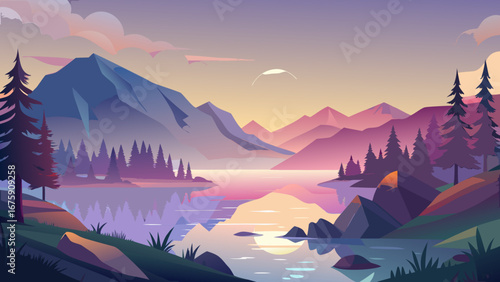 Tranquil mountain lake reflecting a colorful sunset in a scenic landscape