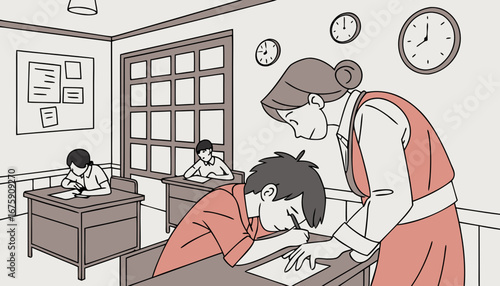 inside view of a Exam hall where teacher catch the students with cheating  examine the whole students  