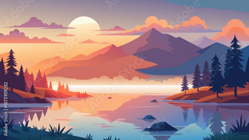 Colorful sunset over a mountain lake with reflections and lush vegetation