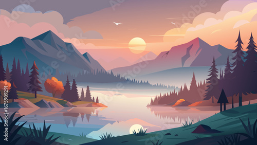 Scenic mountain landscape with a serene lake reflecting the sunset colors