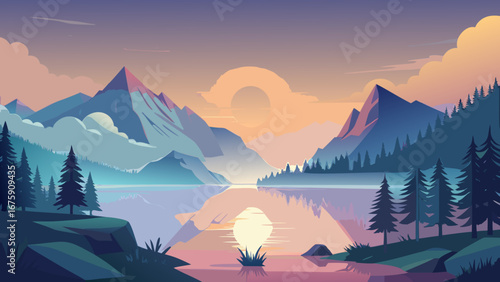 A breathtaking sunset over a tranquil lake, with mountains in the background