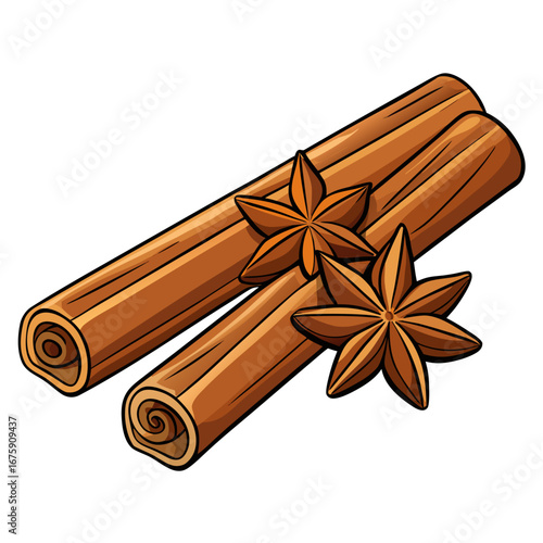 An assortment of dry cinnamon sticks and star anise, aromatic Christmas spices for cooking and decoration