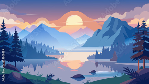 A serene mountain landscape with a lake reflecting the sunset colors