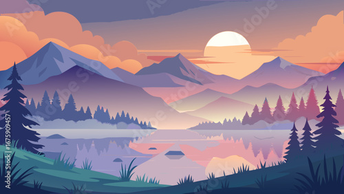 A picturesque sunset paints the sky over a serene lake surrounded by mountains