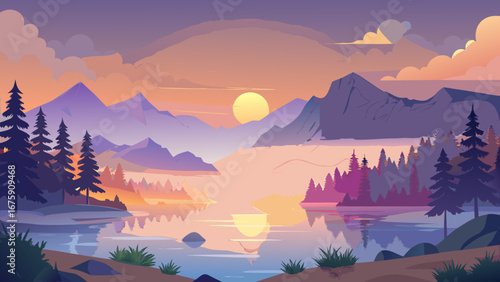 A colorful sunset reflected in a calm lake surrounded by mountains and trees