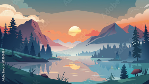 A picturesque mountain lake reflecting the warm hues of the setting sun