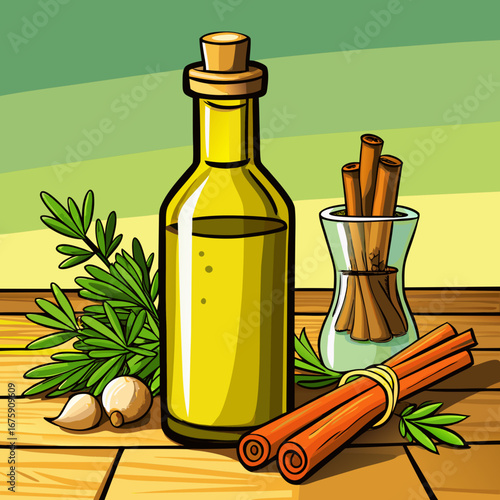 Green bottles of olive oil with herbs and spices are isolated on a white background