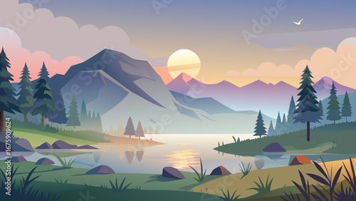 A beautiful mountain landscape with a lake reflecting the sunrise and a tent