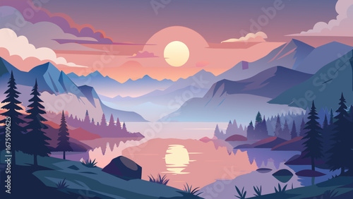 A tranquil lake reflects the sunset in a mountainous landscape with trees