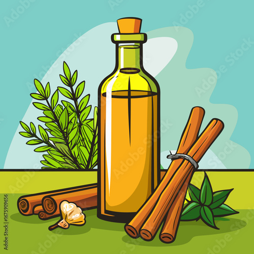 A healthy green bottle of olive oil and spices is isolated on a white background