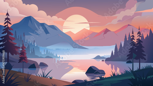 A scenic lake reflects the sunset in a mountainous landscape with trees view