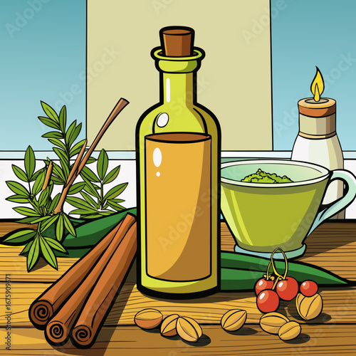 Healthy cooking ingredients of green olive oil and fresh vegetables in a glass bottle on a white background