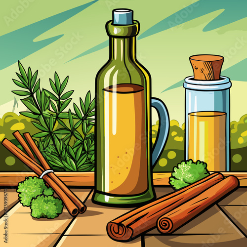 Freshly bottled green olive oil with vegetables, spices, and other ingredients for a healthy Italian salad