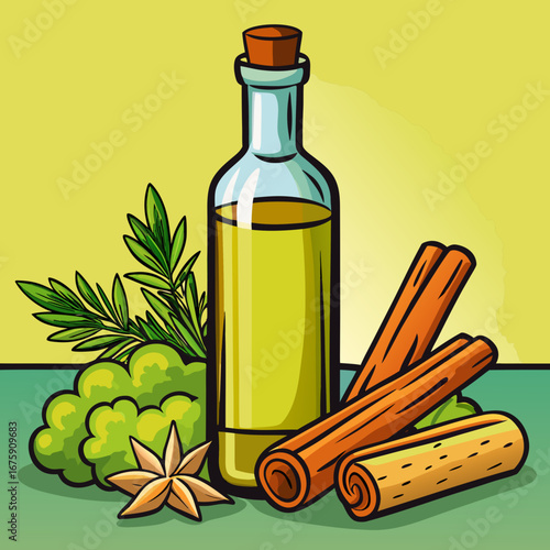 Glass bottle of green olive oil with an olive branch