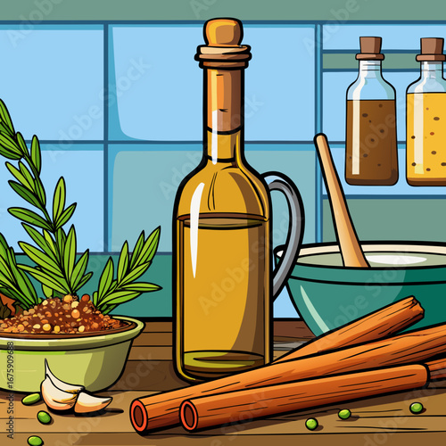 Isolated glass bottles of green olive oil and red wine with olives