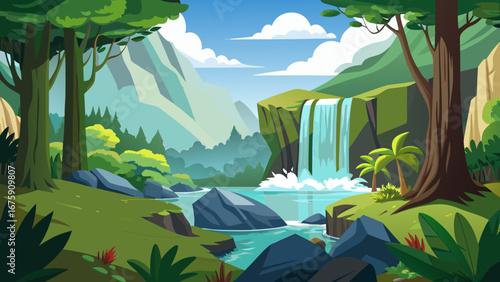 Scenic forest landscape with a waterfall flowing into a tranquil river