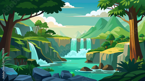 Scenic waterfall landscape with lush greenery and mountains in the background