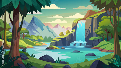 A serene waterfall flows into a calm river amidst a lush green landscape
