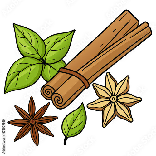 Warm and aromatic cinnamon sticks and star anise spices for food and dessert